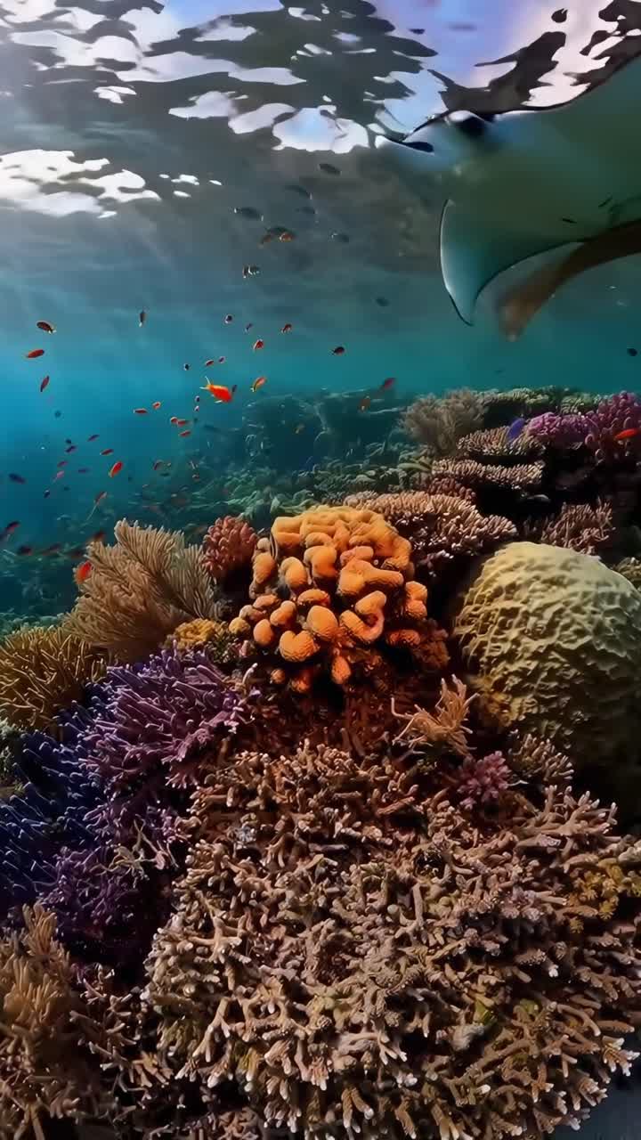 Vibrante escena submarina de coral desde un ángulo bajo, perfecta para un video sereno del océano.