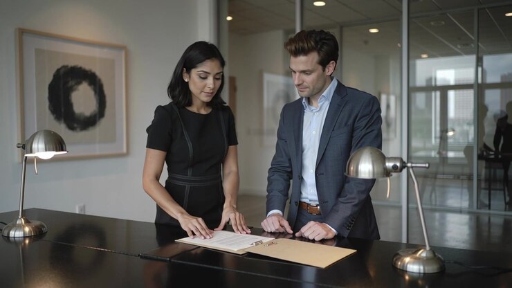 Opening manila folder, black-dress woman and man in suit sliding pages at reception, sorting files