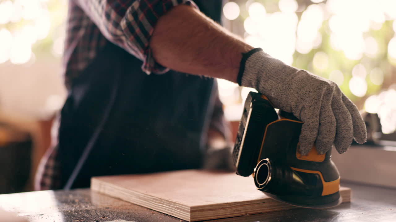 Wood, carpenter and sanding with hands of person