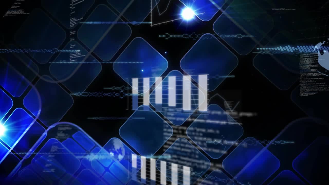 Blue flare sparking diagonal tile grid rotating, waveform animating, bars rising, looping data viz