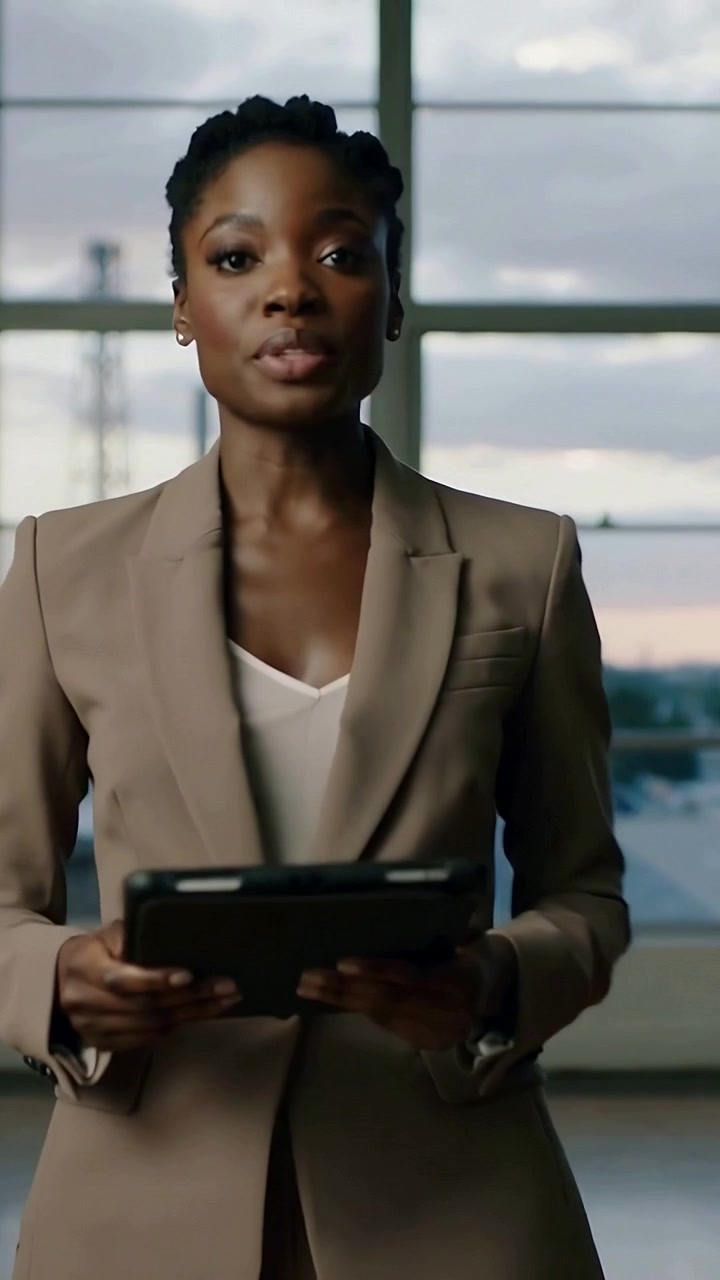 Vídeo vertical: Câmera dando zoom, apresentador levantando tablet e apresentando na janela, terno bege.