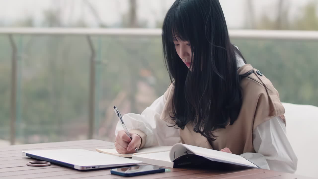 행복하고 즐거운, 예쁜 여성 학생의 초상화, 대학 도서관의 책장 배경에 앉아, 노트북과 배을 들고, 으로 바라보고, 즐겁게 미소 짓고.