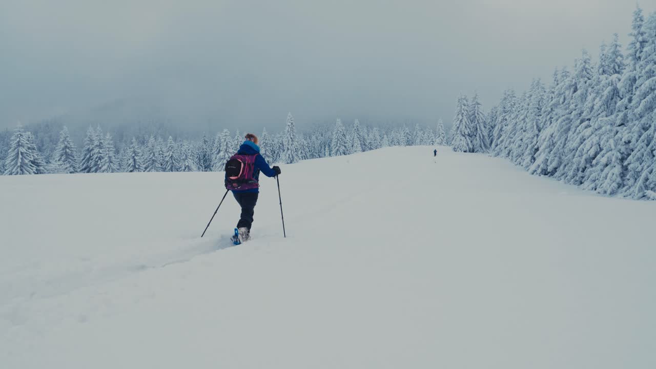 Donna che pratica sci alpinismo in un paesaggio invernale innevato della Slovacchia, in slow motion.