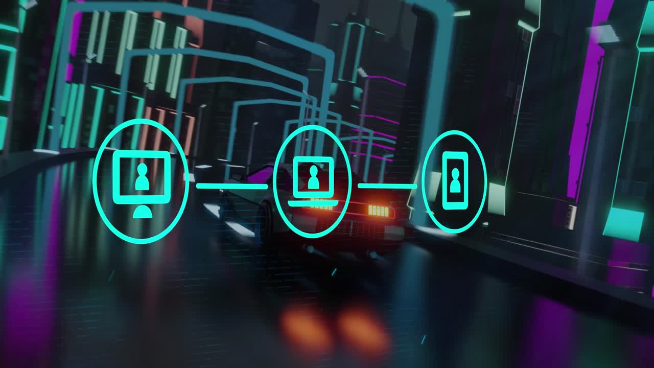 Animation of digital interface with icons over car driving