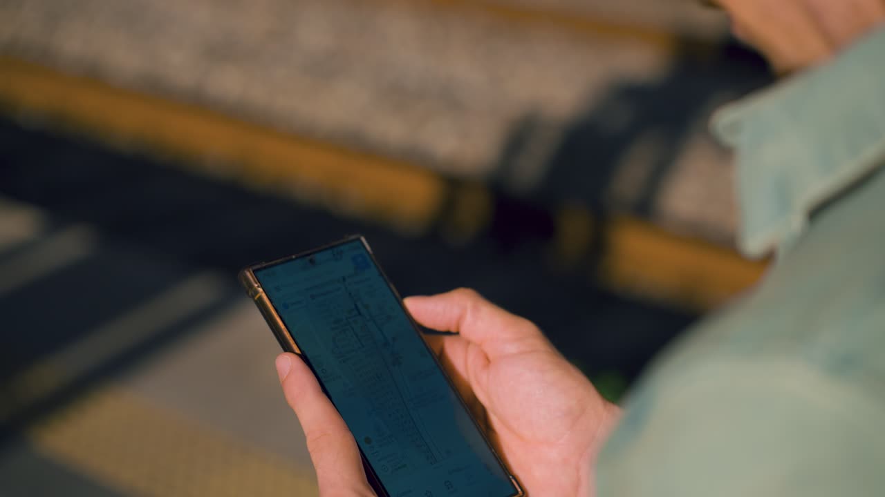 Man using smartphone while standing at platform, solo traveler in South Korea check route or train schedule on phone