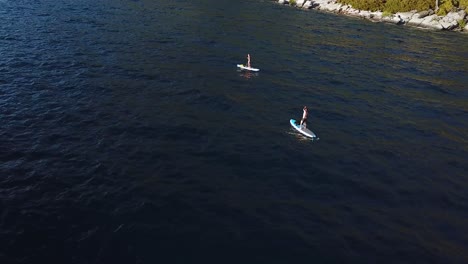 paddle boarders on surface of lake tahoe on sunny summer day, aerial view, california nevada state border usa