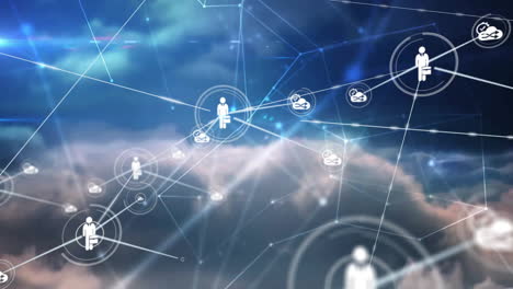 network of connections and data processing animation over clouds