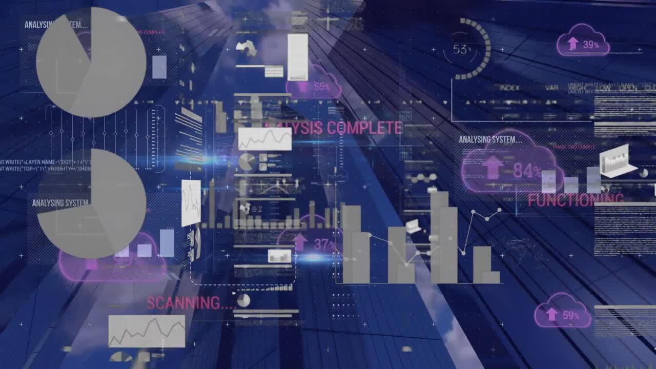 Animation of statistics and financial data processing over modern cityscape