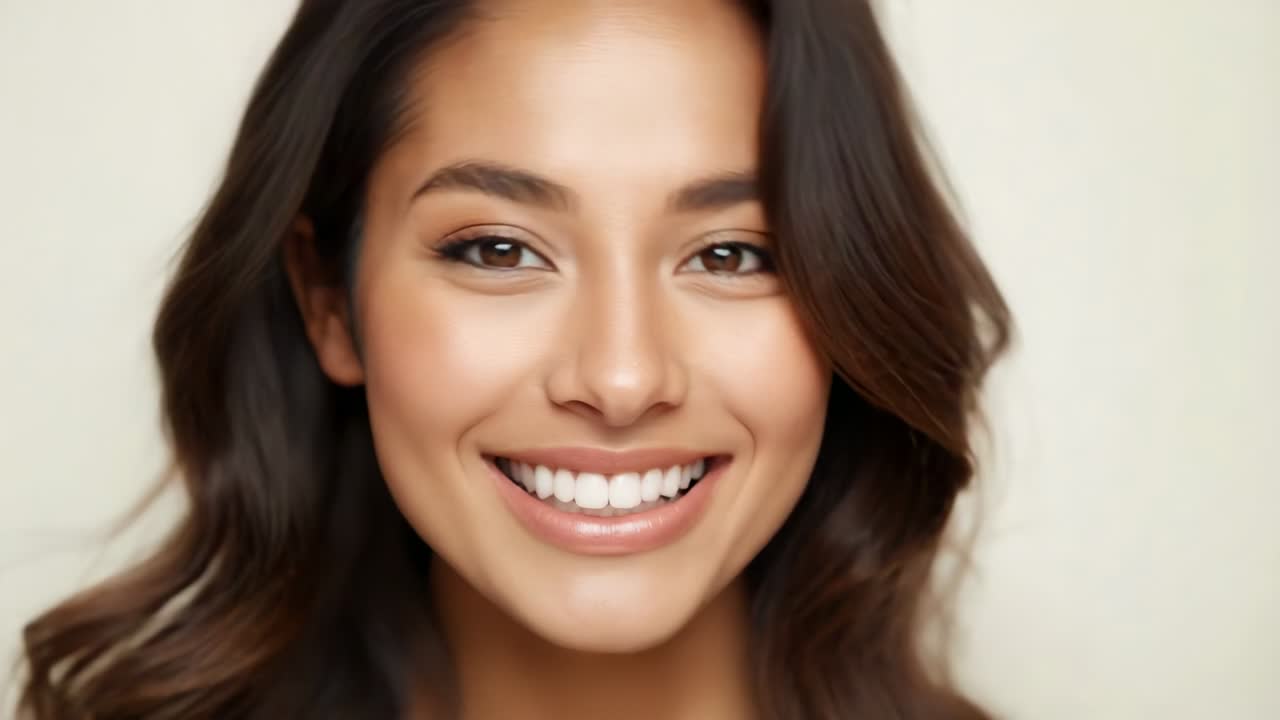 Camera rolling causing Hispanic female model smiling, shifting head, blinking in photography studio