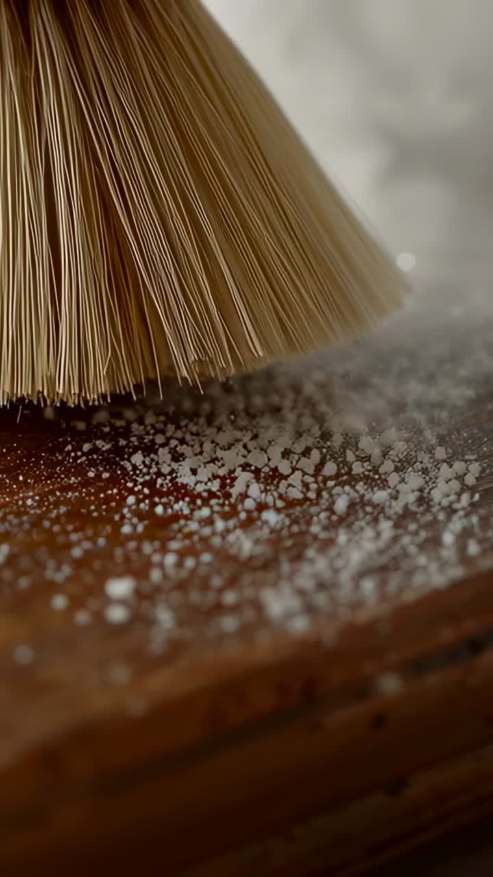 Hochformat-Video: Runde Bürste mit Borsten und Zwinge wird auf Holz abgesenkt, um grobe Körner zu entfernen