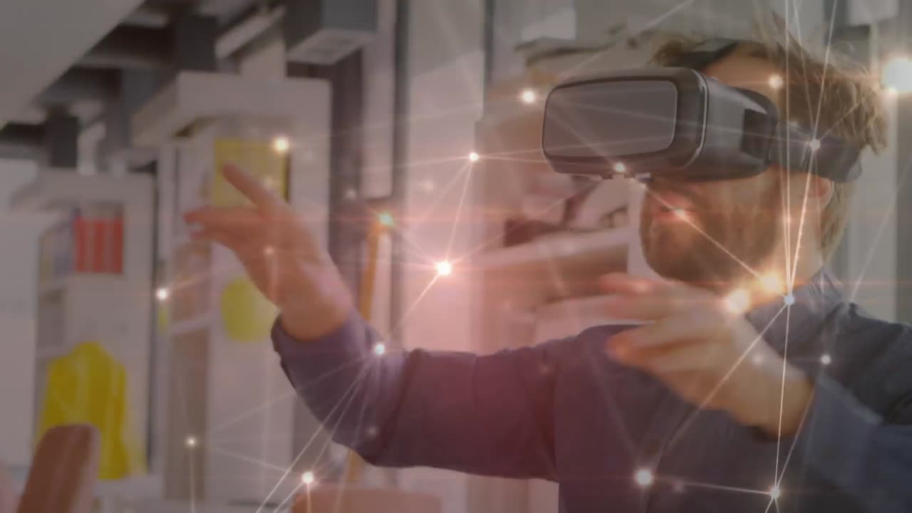 animación de la red de conexiones sobre el hombre que usa auriculares vr