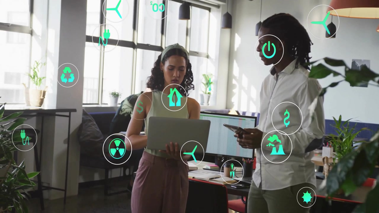 Woman scrolling laptop sending energy icons shifting as man tapping tablet driving collaboration