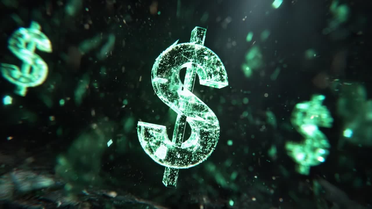 Kiehtova katsaus digitaalisen rahoituksen dynaamiseen maailmaan: tummaa taustaa vasten kimaltelevat dollarimerkit luovat vangitsevan visuaalisen kokemuksen.