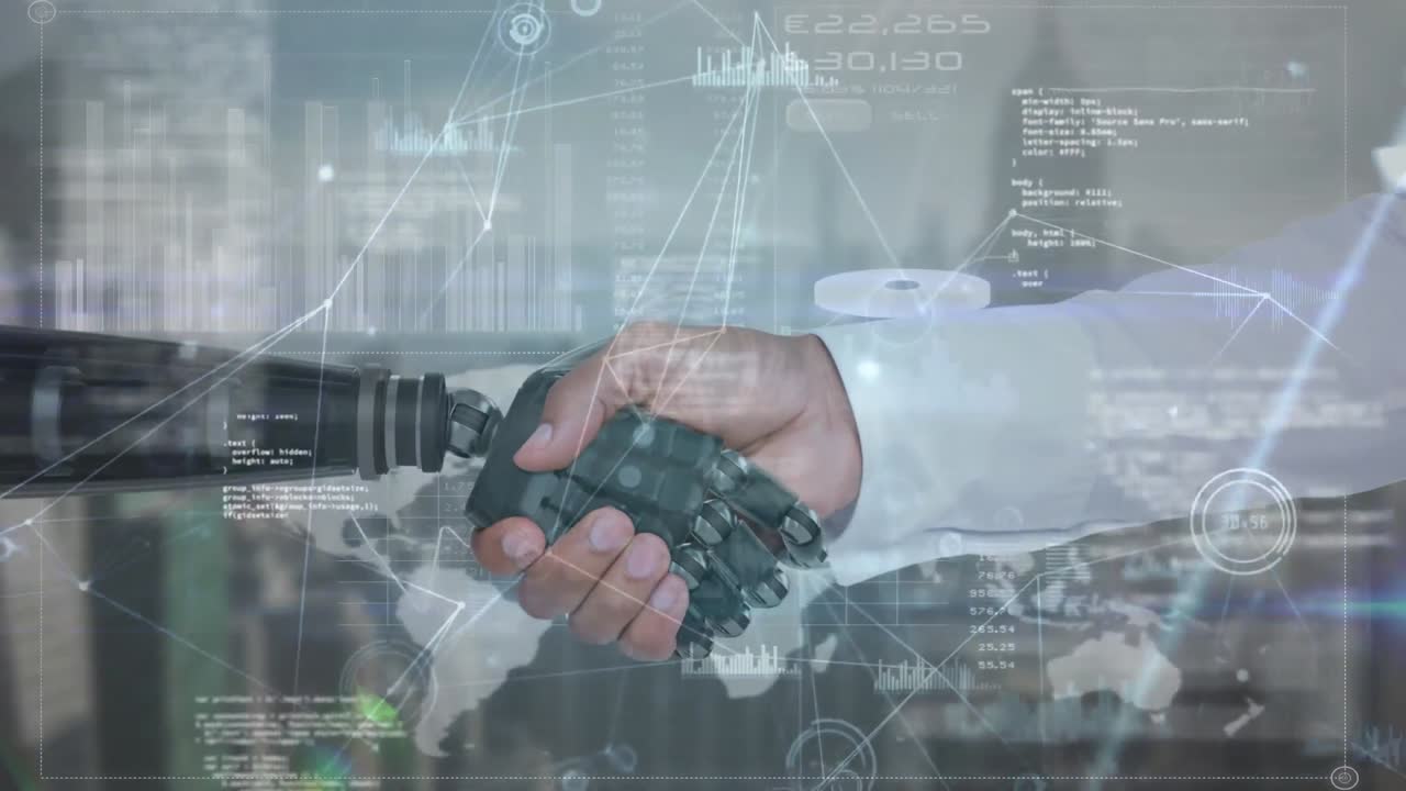 로 ⁇ 과 인간의 팔이 악수하고 있습니다.