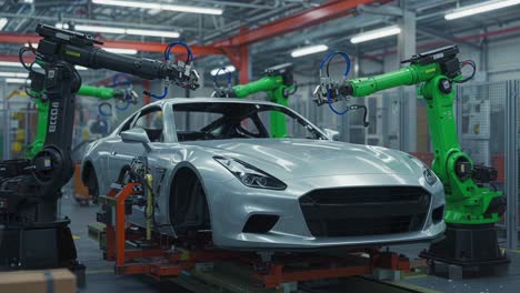 automated assembly of a high-performance sports car utilizing advanced robotic technology in a modern factory setting