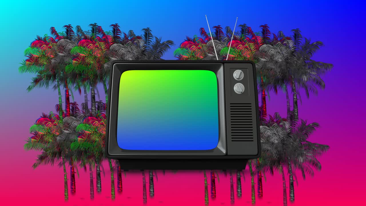 Old television and palm trees 4k