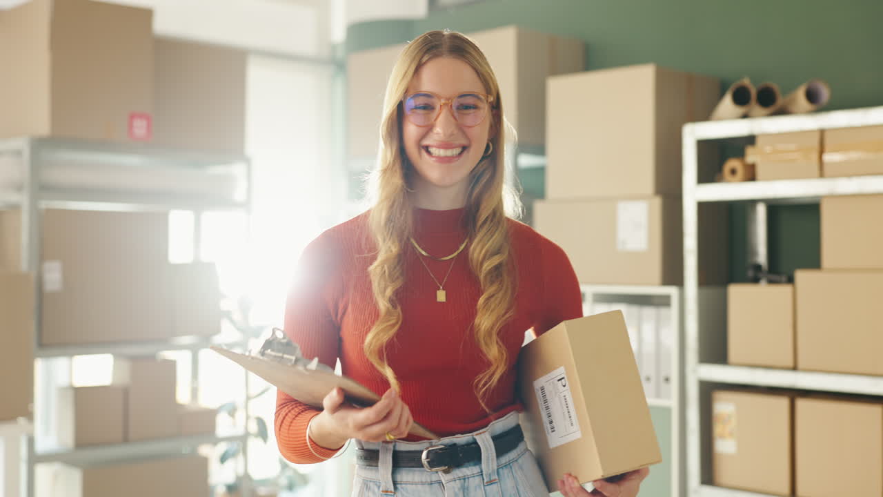 Woman in warehouse surrounded by shipping boxes
