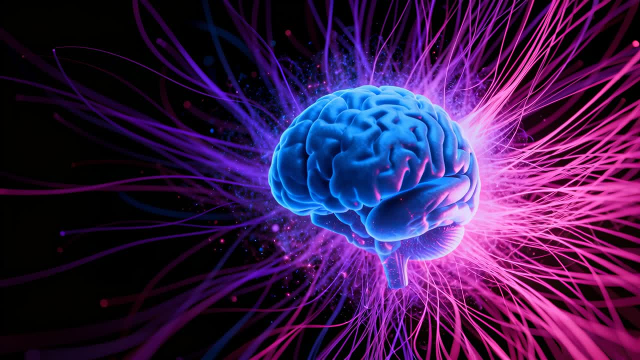 Rotating neon-blue brain advancing after rear point pulsing, magenta strands surging in black void