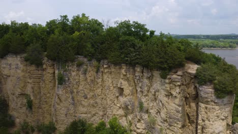 close up aerial shot of limestone cliffs at horseshoe bluff near dubuque, iowa