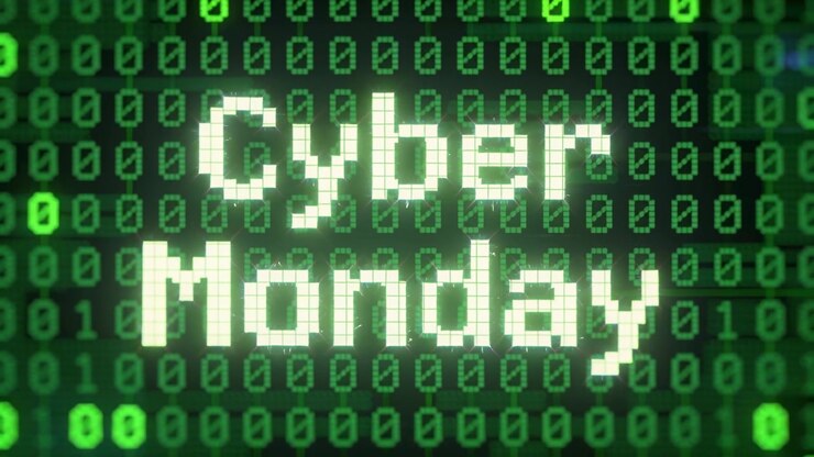 Soft zoom starting center pixel text Cyber Monday pulsing and glowing on binary grid promoting sale