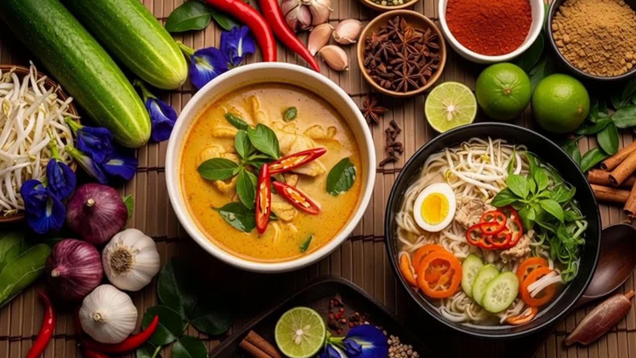 Flat lay of traditional Thai curry and noodle soup with fresh vegetables