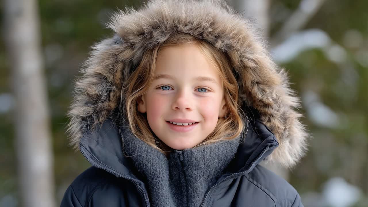 A Bright Smile in a Winter Wonderland: A Close-Up of a Young Child Wearing a Cozy Fur-Lined Jacket Surrounded by Nature and Snowy Trees