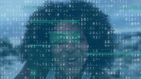 Animation-of-binary-code-with-glitch-over-happy-african-american-woman