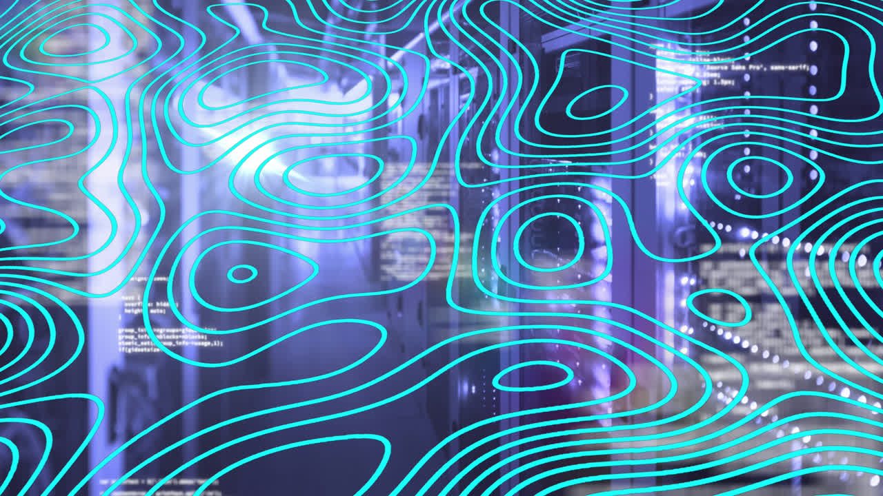 Animation of green map lines moving and data processing over computer servers