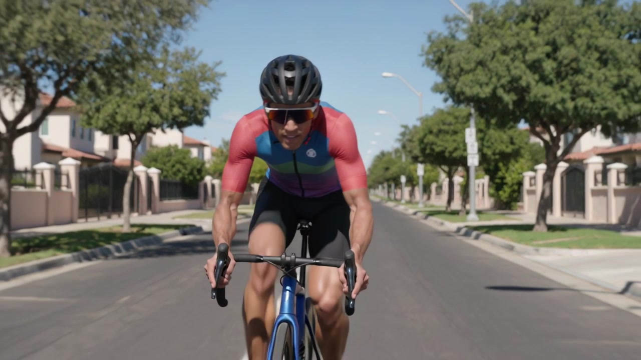 Telecamera che segue un ciclista che pedala verso la telecamera su una strada suburbana, allenandosi su una bici blu con una maglia colorata.