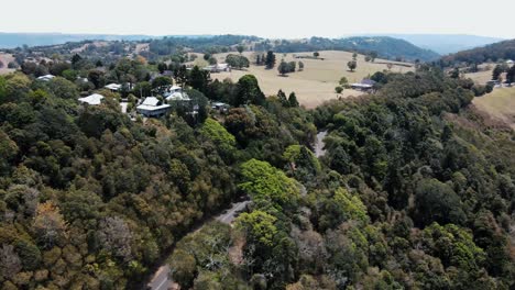 drone aerial over a lush australian native mountain with trees houses and a road