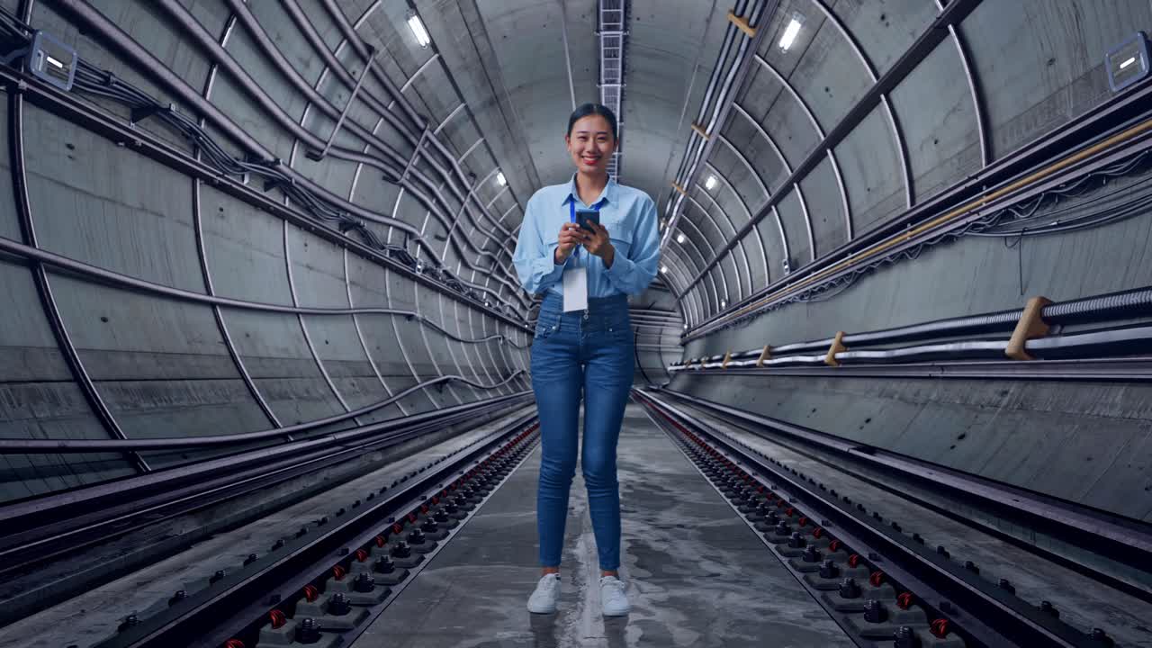 Full Body Side View Of Asian Female With Her Laptop In Underground Subway Tunnel, Typing On Her Laptop'S Keybaord With Meditation