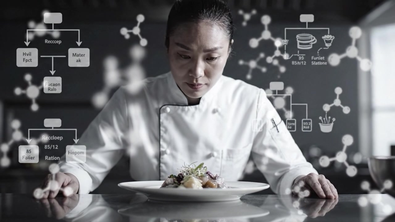 Una chef concentrata contempla il suo capolavoro culinario in un ambiente di cucina sereno, bilanciando arte e tecnica per una deliziosa presentazione.