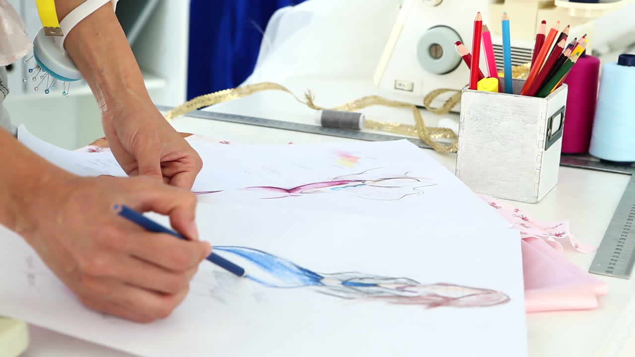 diseñador de moda dibujando un diseño de vestido azul