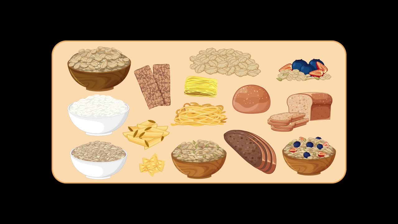 Various carbohydrate foods gradually appear and arrange on a neutral background, flat lay style