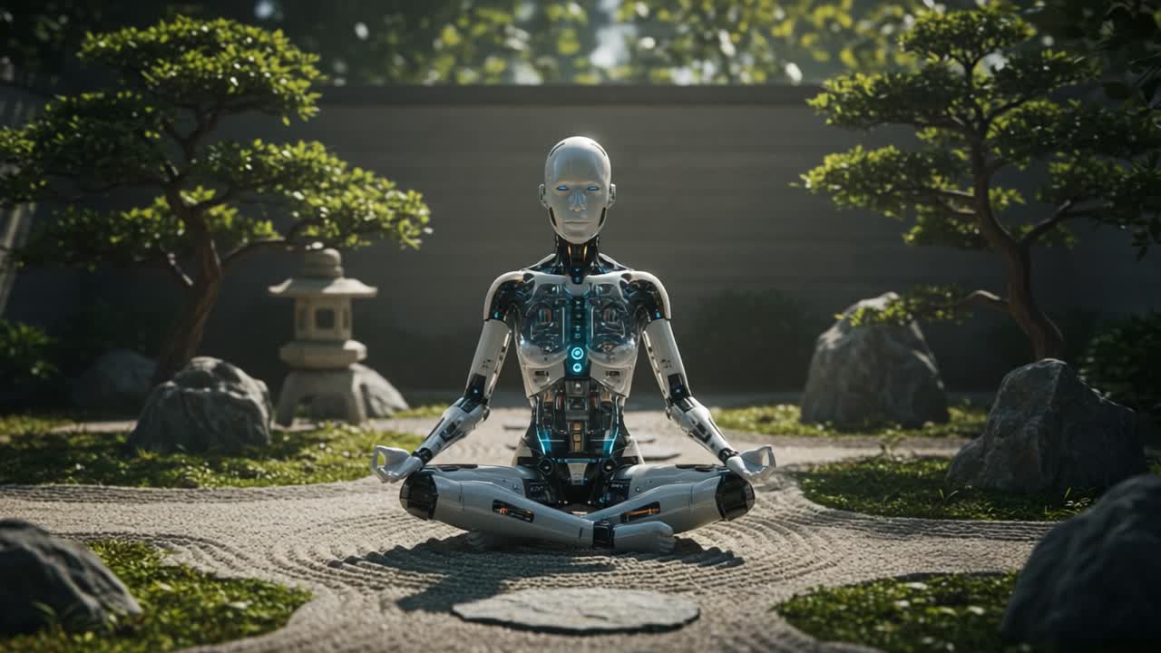 A Tranquil Robot Meditates in a Serene Zen Garden, Embracing Harmony and Balance Amidst Nature's Beauty with a Futuristic Twist