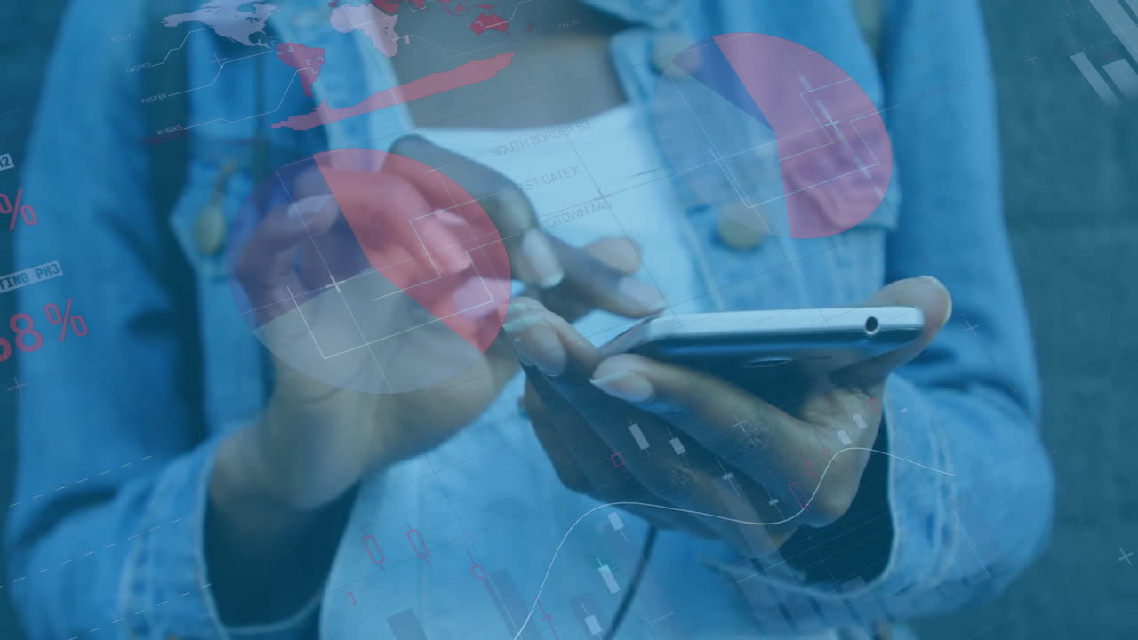 animación del procesamiento de datos financieros sobre una mujer caucásica que usa un teléfono inteligente