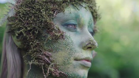 Primer-Plano-De-Un-Avatar-Femenino-Con-Pintura-Corporal-Verde-Mirando-Hacia-Adelante-En-Un-Bosque,-Al-Estilo-De-Las-Formas-Inspiradas-En-La-Naturaleza