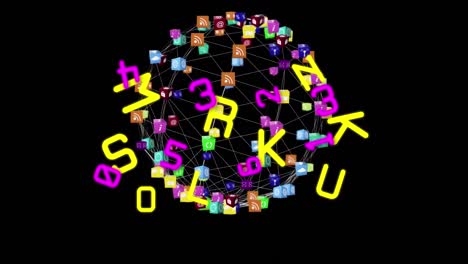 animation of network of connection and changing numbers and letters on black background