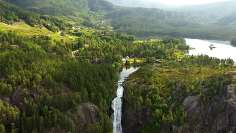 latefossen is one of the most visited waterfalls in norway and is located near skare and odda in the region hordaland, norway. consists of two separate streams flowing down from the lake lotevatnet.