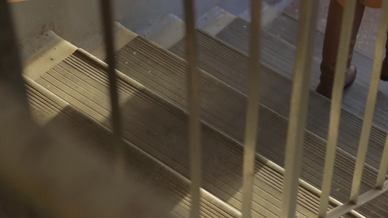 높은 신발과 코트를 입고 햇빛을 향해 계단을 내려가는 여성, 정적인 전망