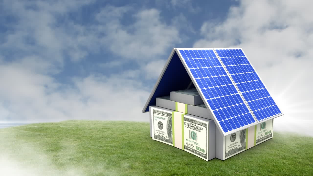 배경에 하늘에서 움직이는 구름 위의 디지털 집의 애니메이션