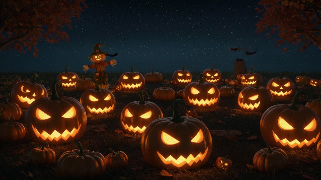 A Spooktacular Display of Glowing Jack-o'-Lanterns: An Enchanting Halloween Scene with Eerie Scarecrow Overseeing the Festive Pumpkin Patch Under a Starry Night Sky