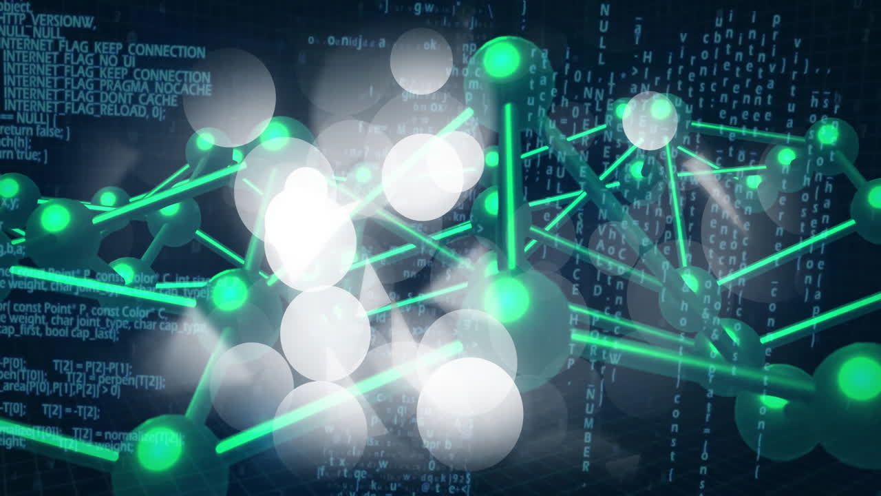 Animation of digital data processing with glowing network nodes and binary code