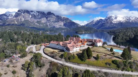 llao llao hotel at bariloche in rio negro argentina. snow capped mountain. chico circuit. bariloche argentina. winter travel. llao llao hotel at bariloche in rio negro argentina.