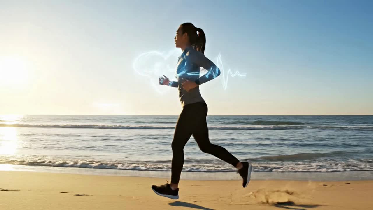 Donna in forma che corre sulla spiaggia con ologramma digitale che mostra la frequenza cardiaca