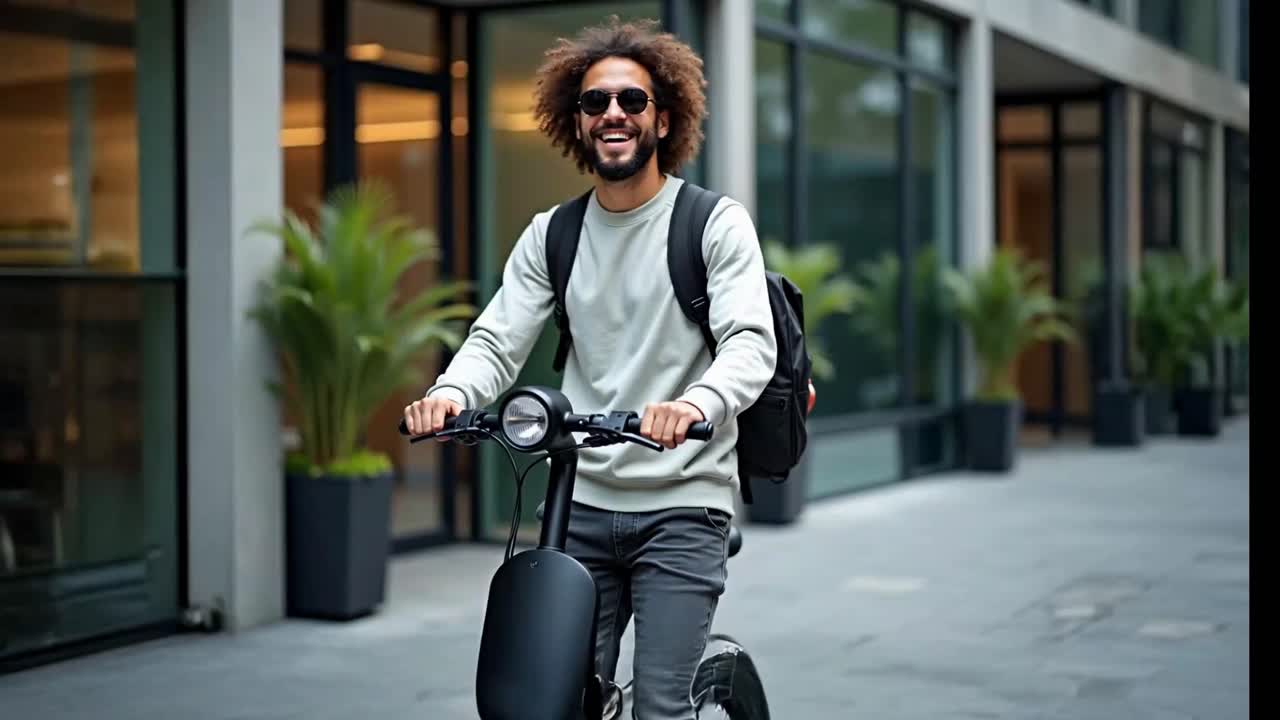 Joyful Man Riding Electric Scooter in City