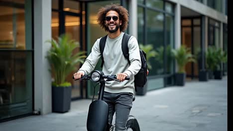 joyful man riding electric scooter in city