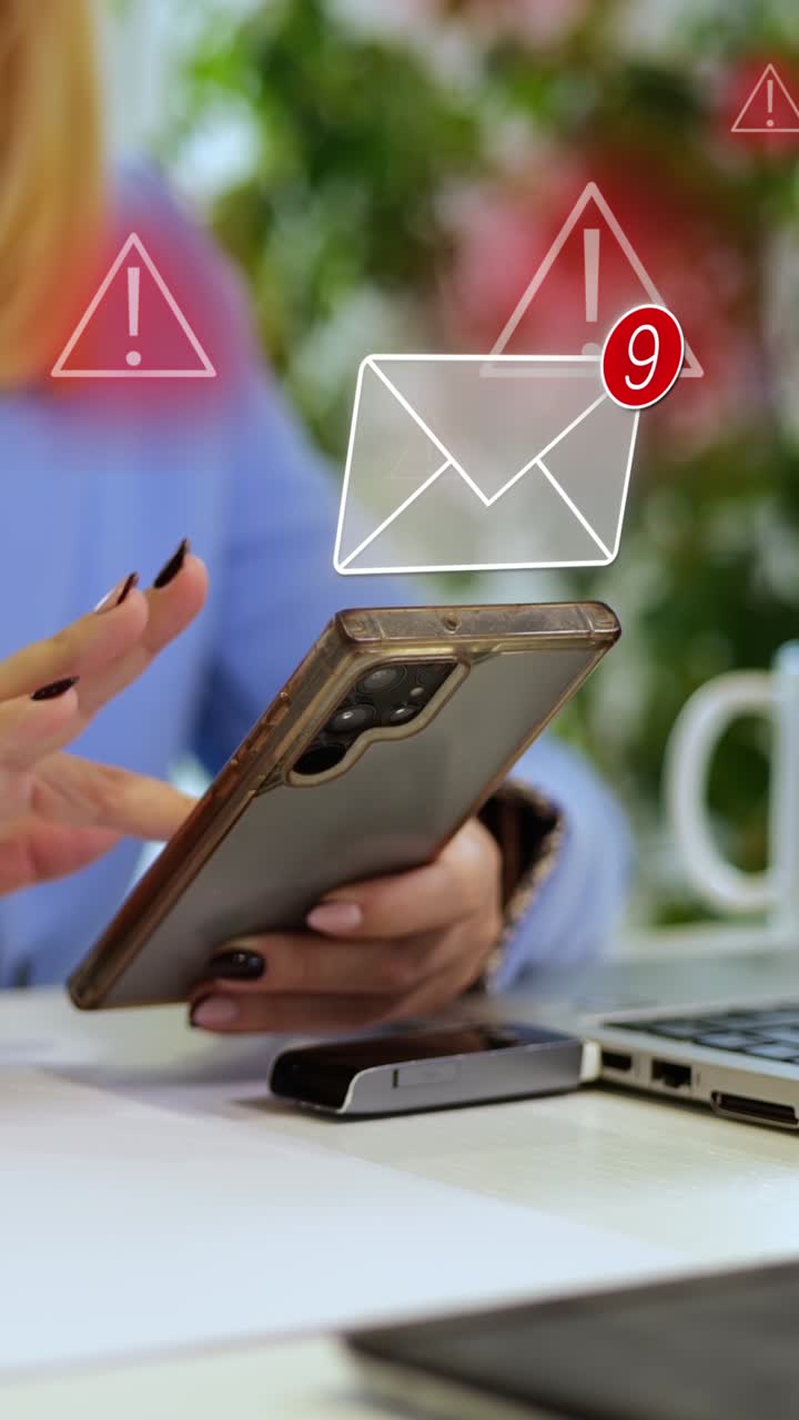 Vertical video of Phishing Messages. Person Using A Smartphone With Digital Overlays Of High Volume Of Notifications On Email
