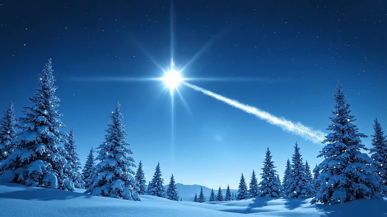 A serene winter landscape video with a low-angle view of snow-covered trees under a starry sky
