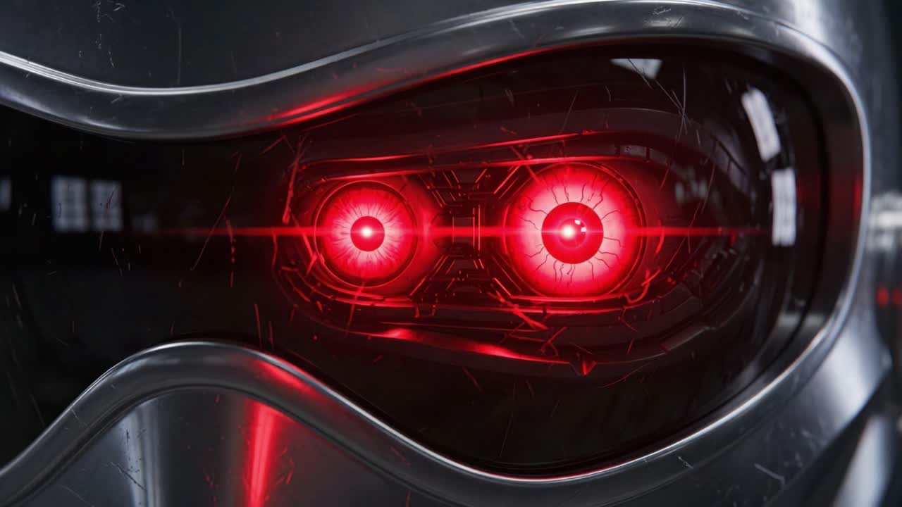Close-Up of a Futuristic Robotic Face with Striking Red Eyes Emitting an Intense Glow, Highlighting the Advanced Technology and Design Features of a Sci-Fi Character